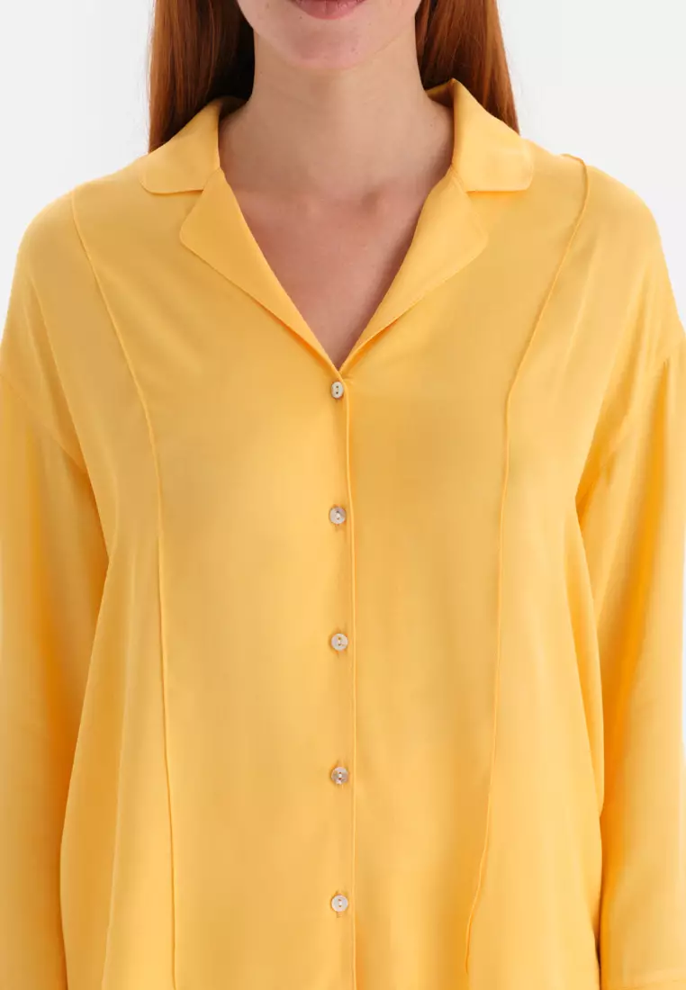 Yellow Shirt, Shirt Collar, Regular, Long Sleeve Sleepwear for Women