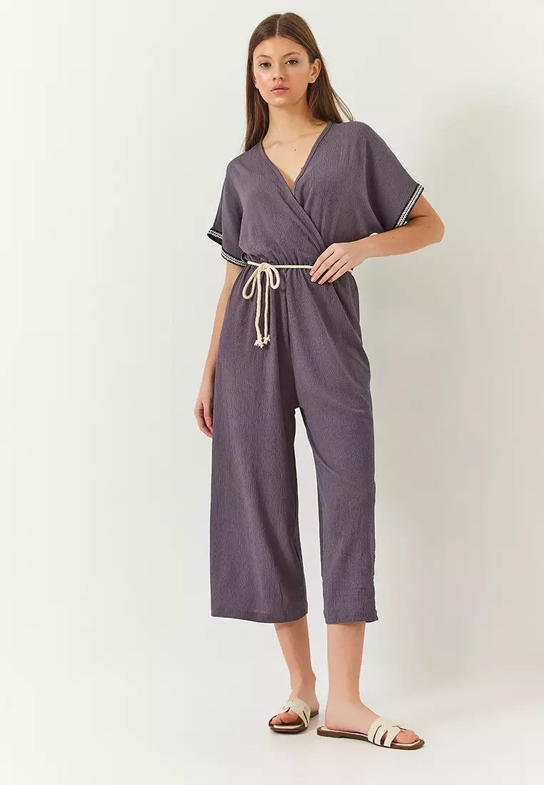 Women's Double Breasted Collar Sleeve Detail Elastic Waist Belted Crinkle Jumpsuit 60261418