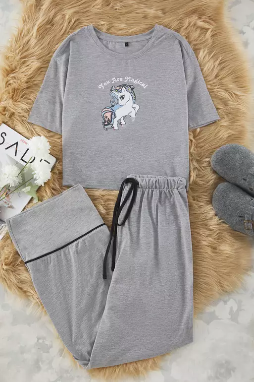 Gray Melange Cotton Fun Printed Piping Detailed Knitted Pajama Set