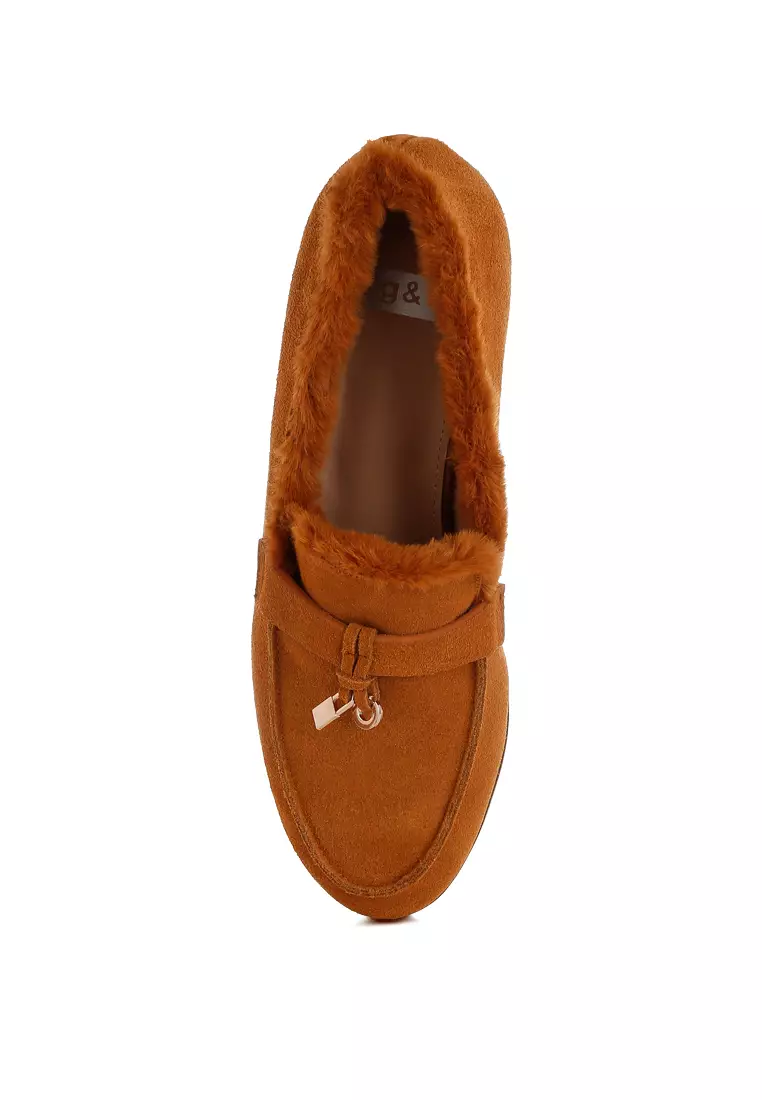 Suede & Faux Fur Flat Loafers In Tan