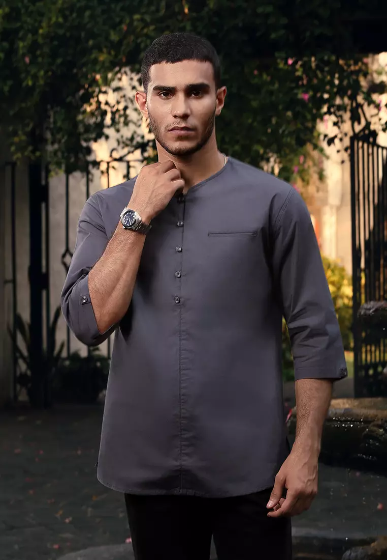 OXCON kemeja Vneck Henley Collarless shirt Dark Grey