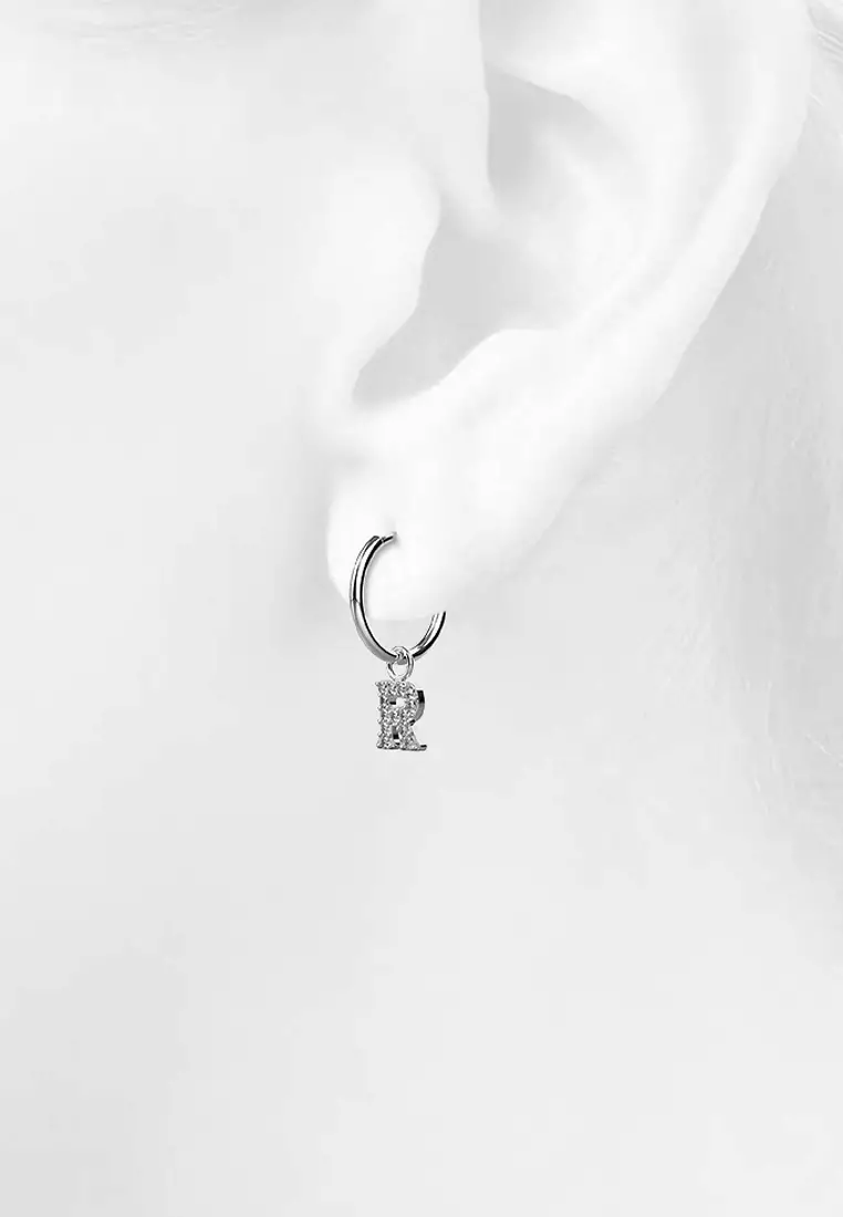 Solid 925 Sterling Silver Octavia Alphabet Letter Zircon Huggie Earrings Silver - R