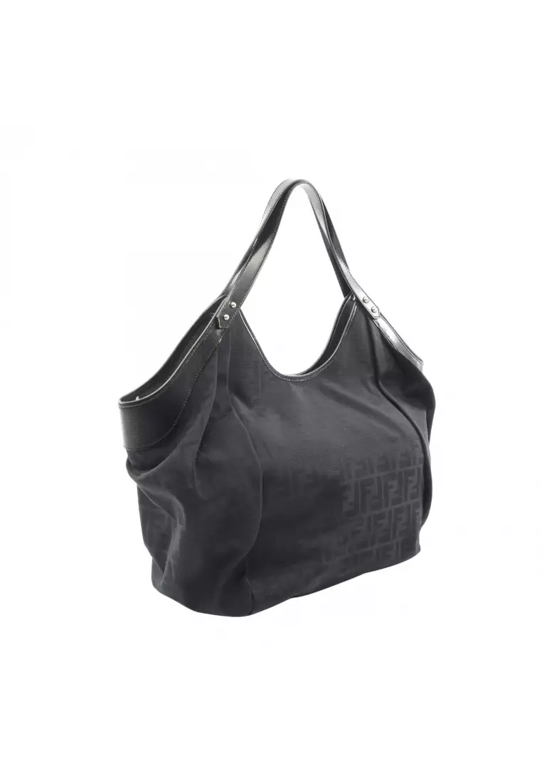Pre-Loved Fendi Zucca Shoulder bag tote bag canvas leather black