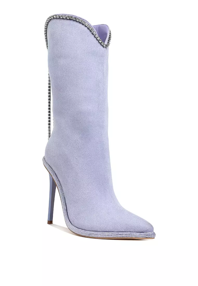 Diamante Chain Detail Calf Boots in Lilac