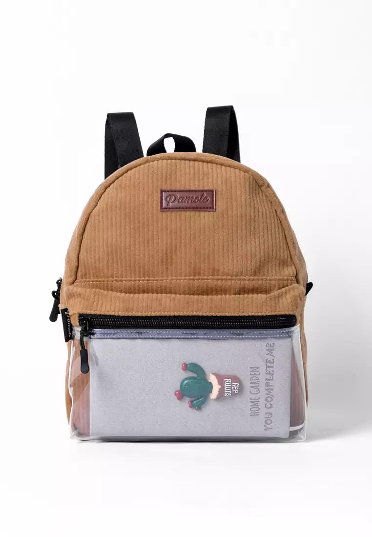 Tas Ransel Wanita Bahan Corduroy Penutup Resleting Celine Series Coklat Tua