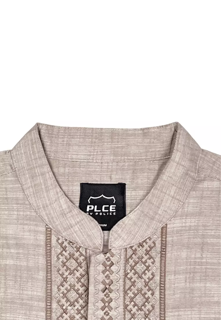 POLICE Kemeja Koko Bordir Cotton Slub Regular Fit Lengan Panjang Pria