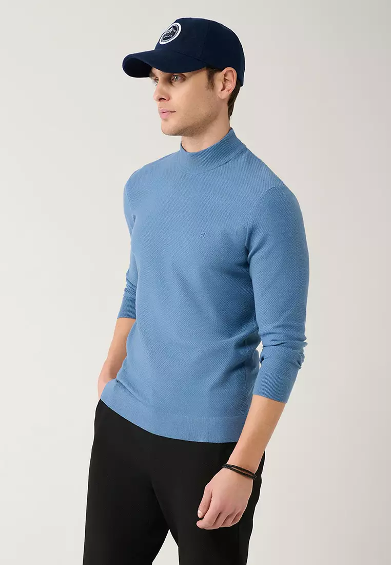 Men's Blue Half Turtleneck Textured Collar Knitwear Sweater A32Y5166