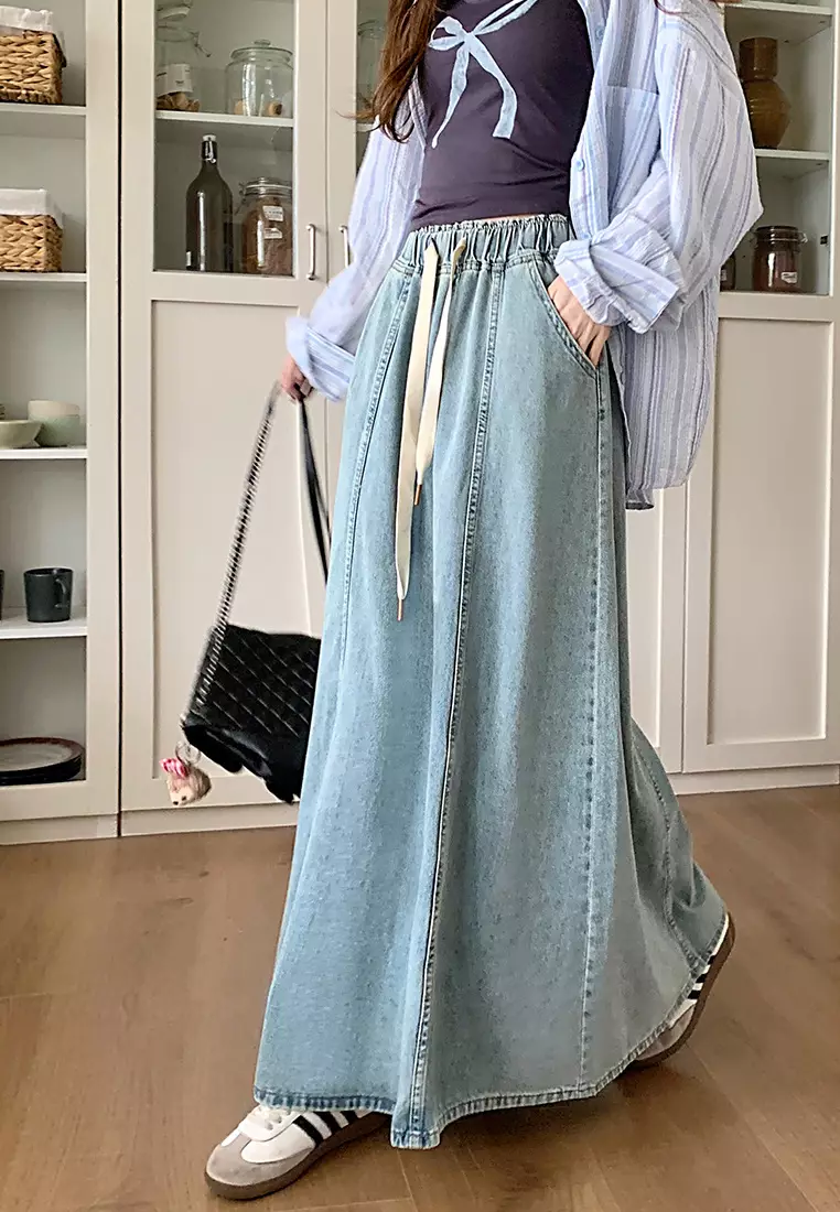 Buy Sunnydaysweety 2024 Summer Retro Washed Denim Skirt