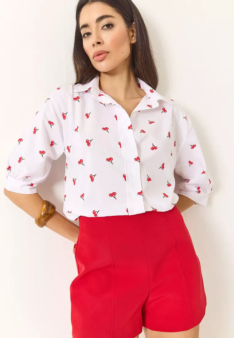 Women's Minimal Patterned Watermelon Sleeves Regular Shirt 1686 60284040