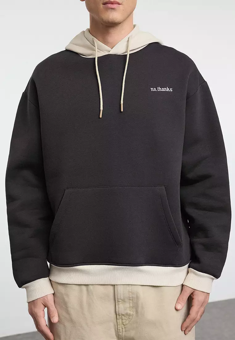 Anthracite Oversize/Wide Cut Hooded Polar Fleece Inside Color Block Embroidered Sweatshirt TMNAW25SW00067