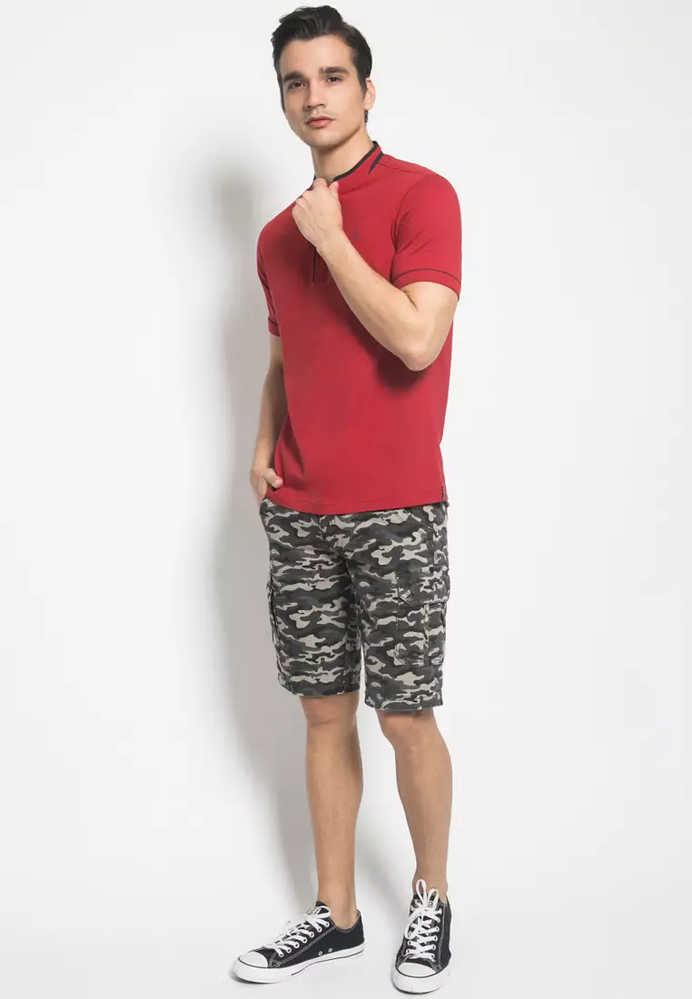 Johnwin - Slim Fit - Kaos Casual - Kaos Pria - Polo Round Neck - Merah
