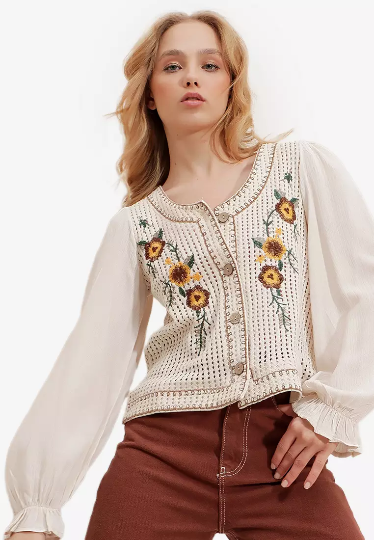 Buy Alacati Buttoned Floral Embroidered Sleeves Woven Crinkle Blouse ...