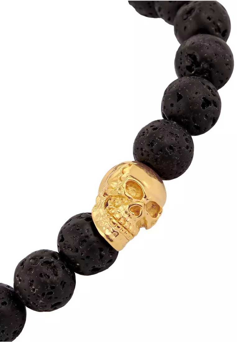 EXCLUSIVE Gelang Perhiasan Perak 925 Pria Skull Cool with Lava Beads Gold Plated