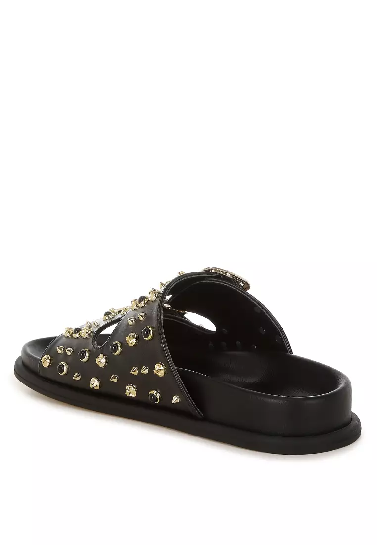 Metallic Stud Embellished Sliders In Black