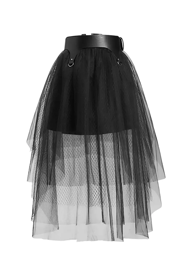 Mesh Layered Tulle Skirt with Belt