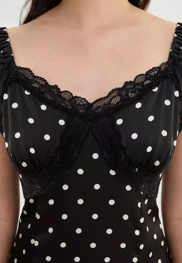 Ruffle Strap Polka Dot Midi Dress - Black