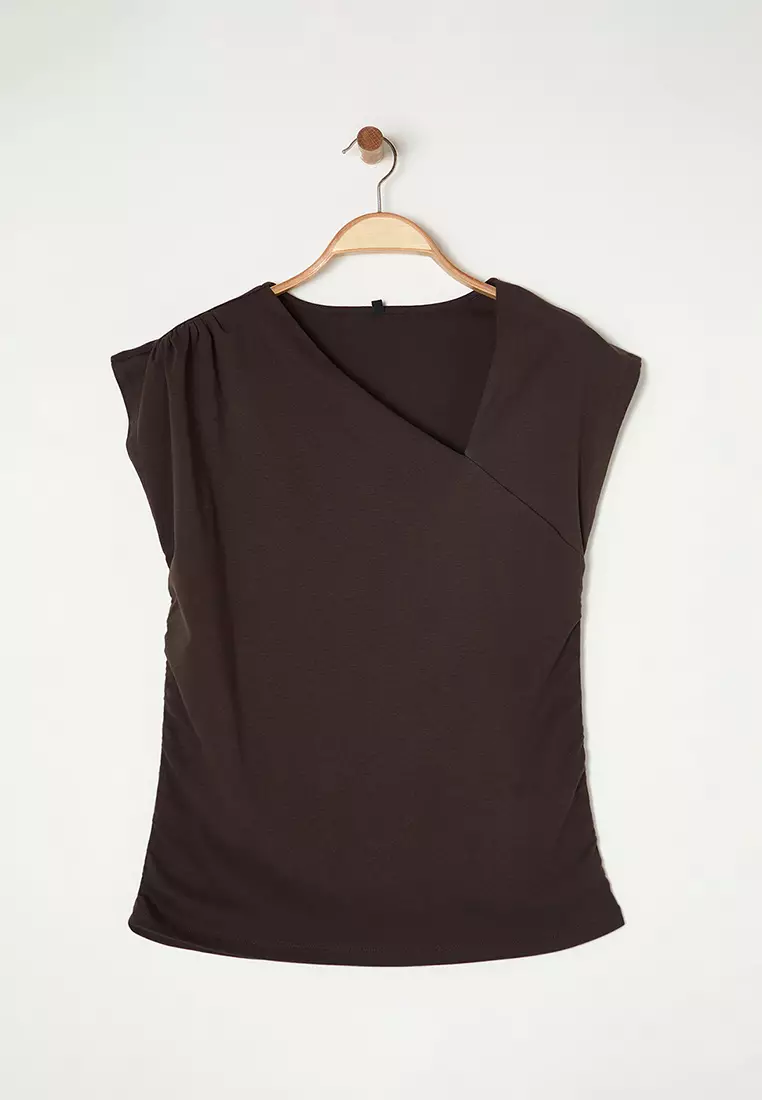 Brown Soft Fabric Asymmetrical Collar 100% Cotton Knitted Plus Size Blouse Tbbss25Af00002