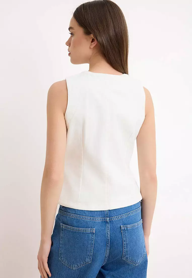 Ecru Button Detailed Fitted 1% Cotton Denim Vest Twoss26Ye4