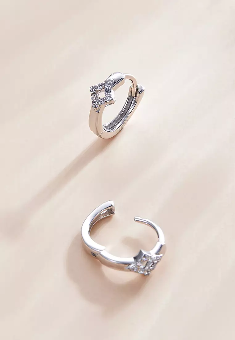 Solid 925 Sterling Silver Cubic Zirconia Diamond Shaped Hoop Earrings