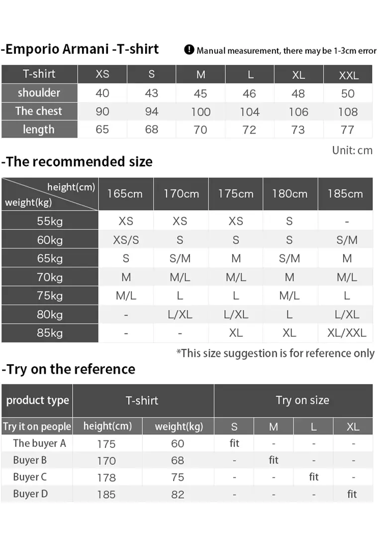 Armani t sales shirt size guide