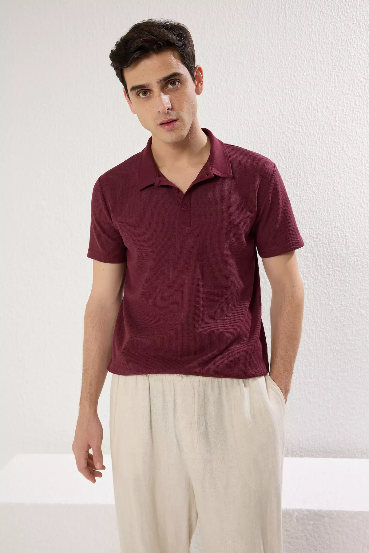 Plum Slim/Slim Cut Textured Buttoned 100% Cotton Polo Neck T-Shirt Tmnss20Po0002