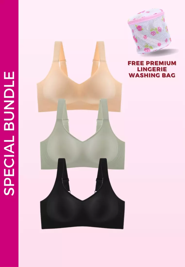 3 Pack Premium Melinda Seamless Wireless Padded Support Bra in Nude, Grey and Black