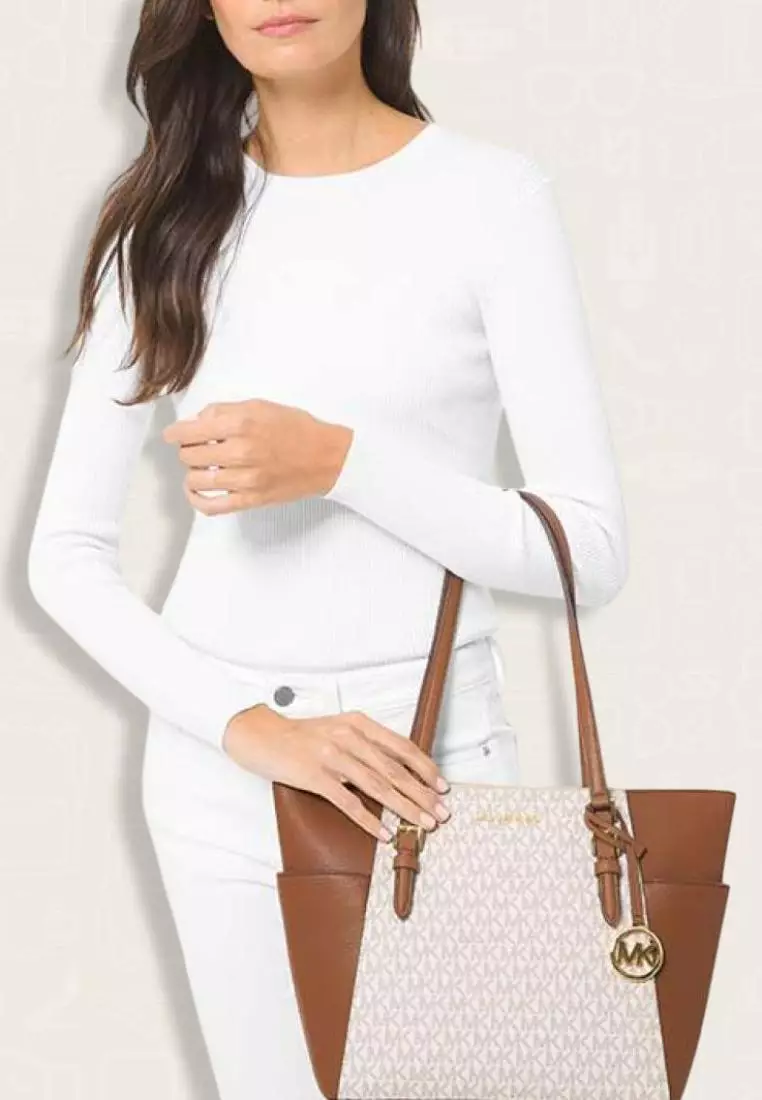 Michael Kors Charlotte Large Logo and Leather Top-Zip Tote Bag Vanilla