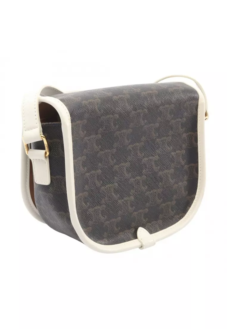 Pre-Loved Celine Folco medium bag Triomphe Shoulder bag PVC leather black Brown white