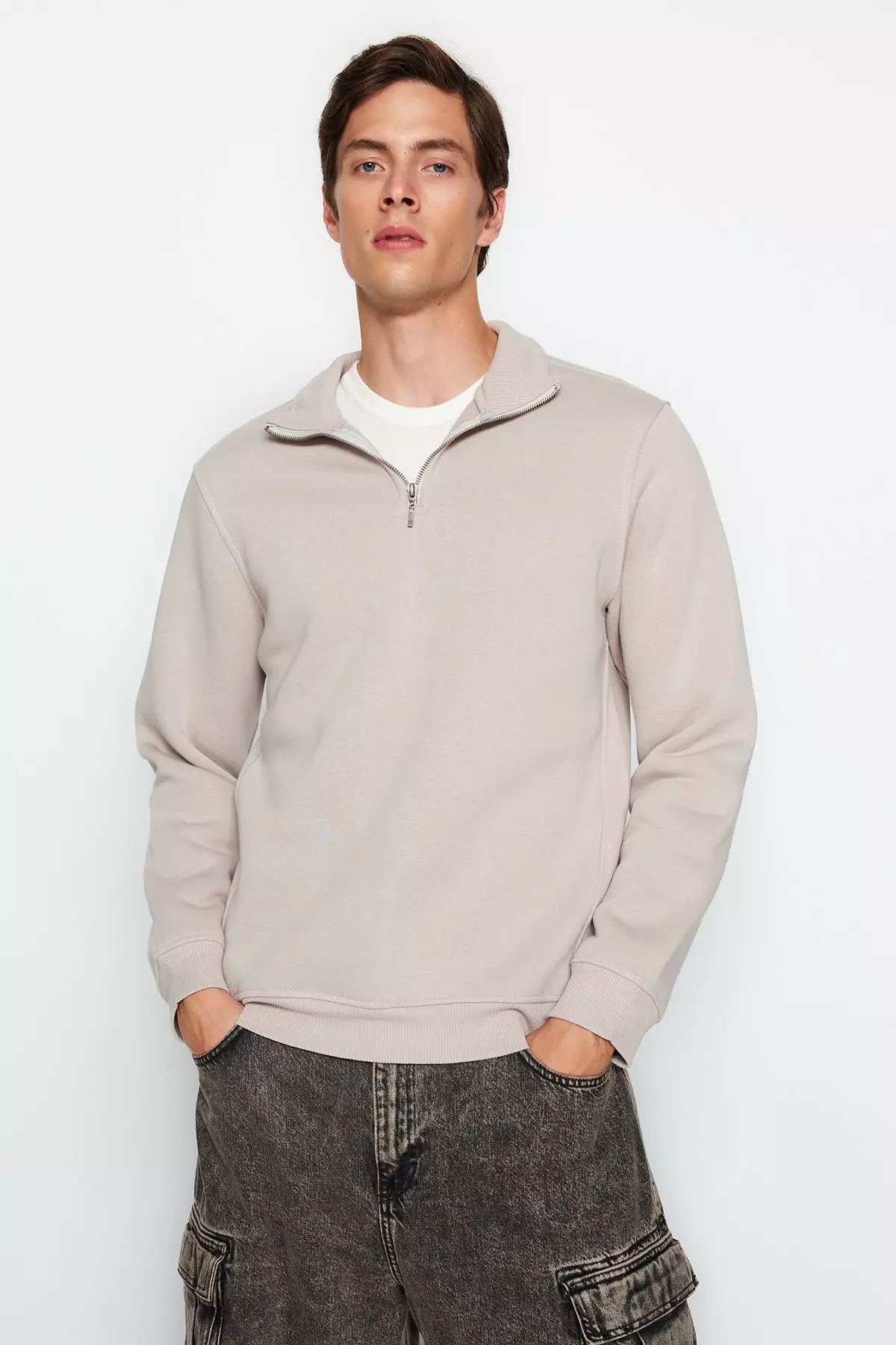 Grey Regular/Normal Cut Stand Collar Zippered Cotton Basic Inside Polar Fleece Sweatshirt TMNAW24SW00041