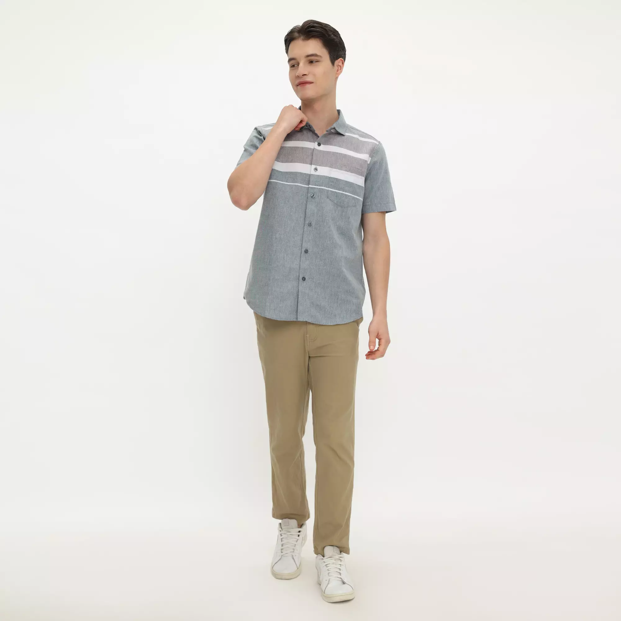 Platini Kemeja Motif Salur Pria Lengan Pendek Katun Grey 73490