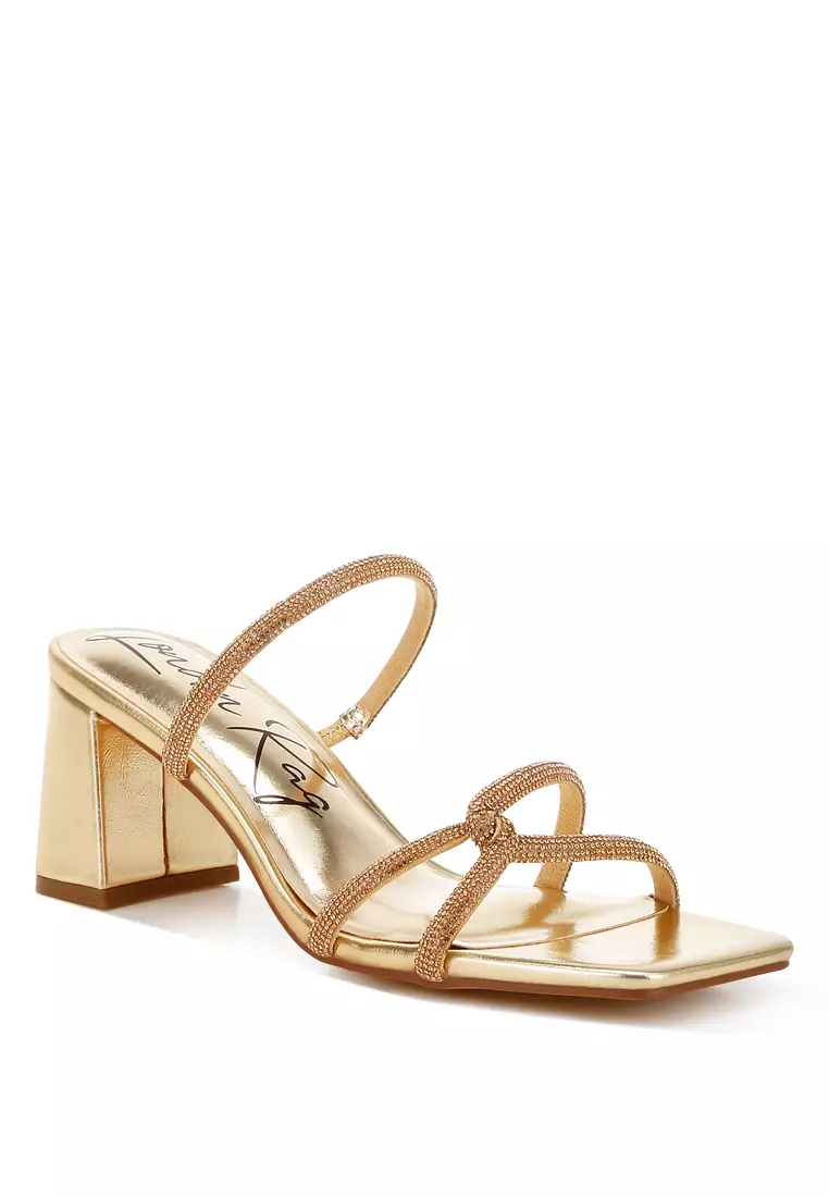 Rhinestone Block Heel Sandals in Gold