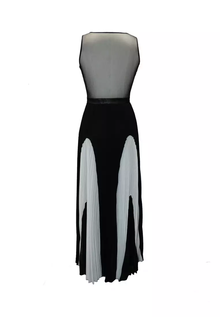性感透視壓褶撞色雪紡連衣長裙
