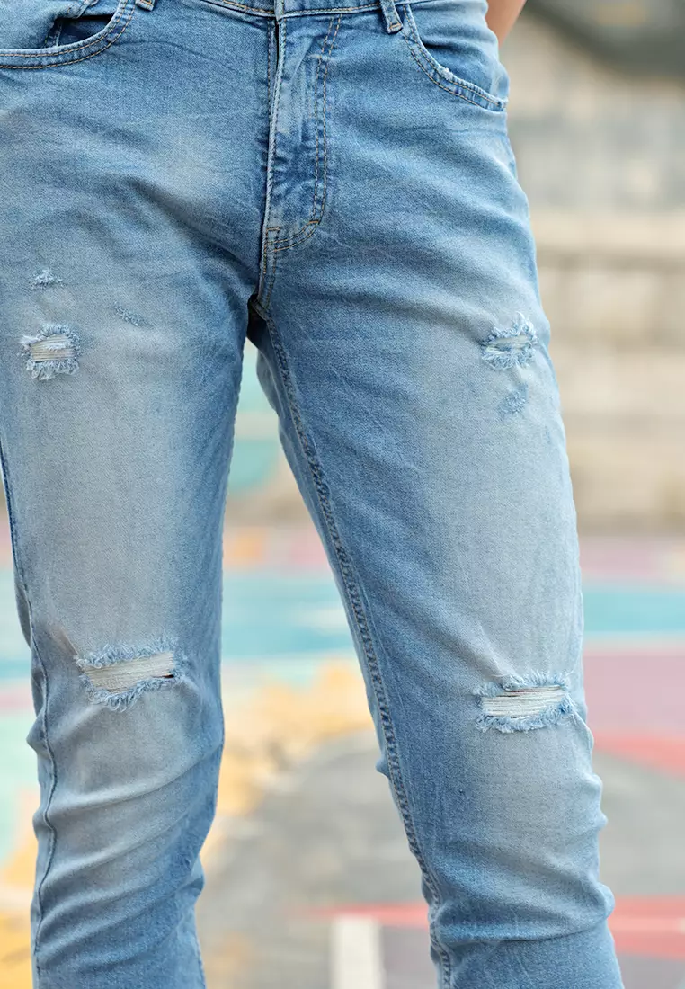 Skinny Ripped Jeans Stretch Mid Blue OXCON