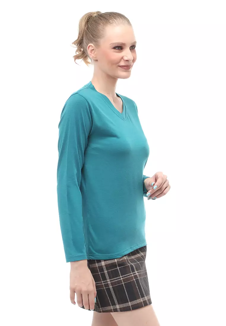 Kaos Polos Atasan Wanita V-Neck Lengan Panjang Design Simple Relaxed Fit - Tosca Tua