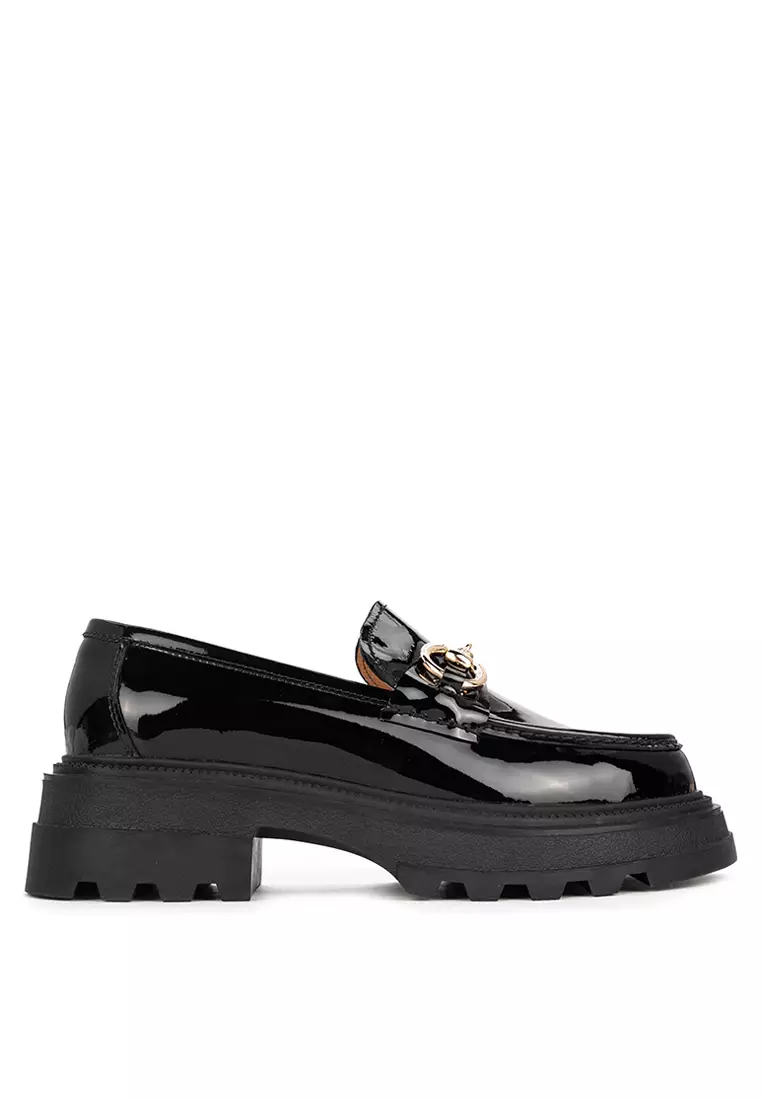 Discount on Bristol Shoes  shoes - SKU: Francine Black Patent Lug Sole Loafer With Buckles