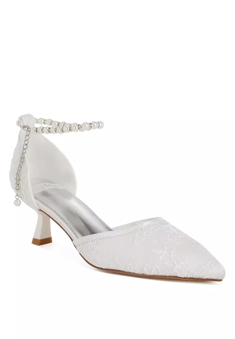 Lace Kitten Heel Sandals in White