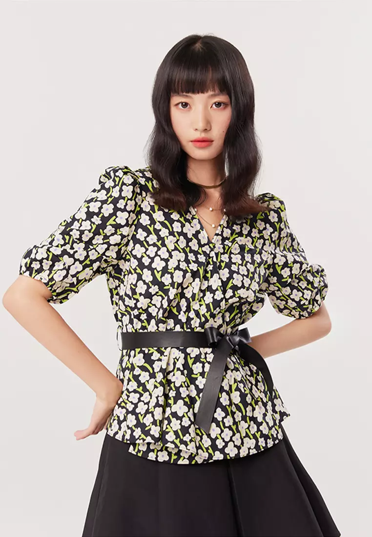 Allover Floral Print V Neck Top with Ribbon Waist Tie