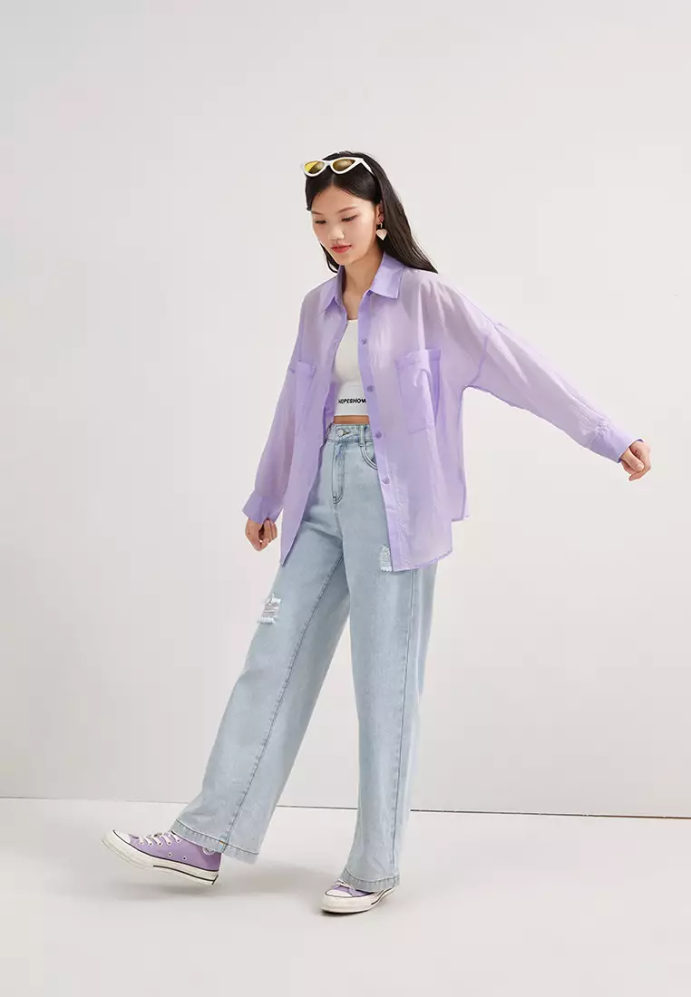 Loose Fit Semi Sheer Button Blouse