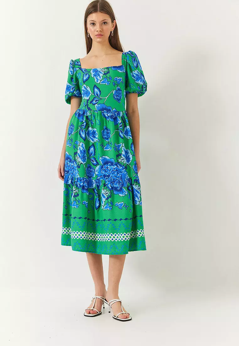 Women's Watermelon Sleeve Square Neck Patterned Tericotone Dress 60261412