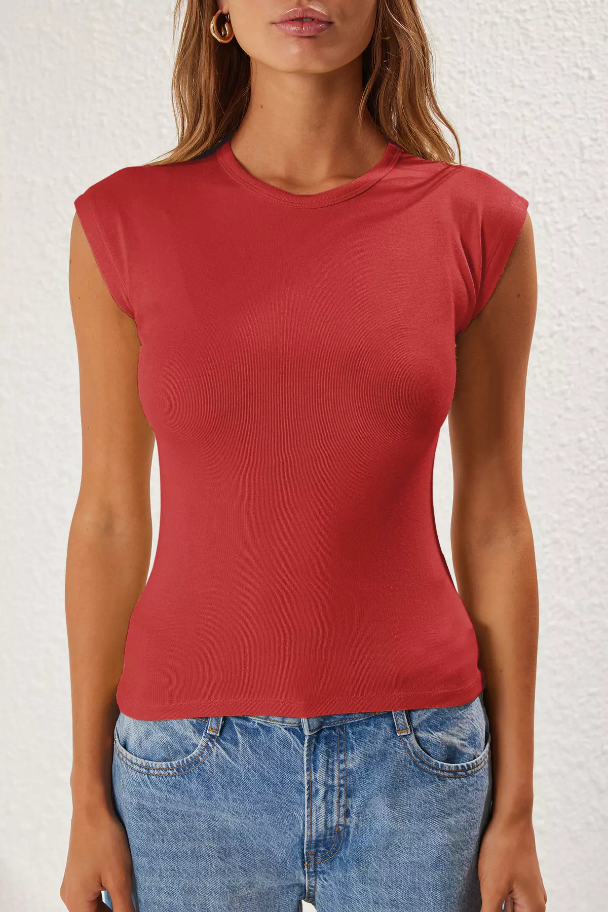 Red Premium Viscous/Soft Fitted/Fitted Moon Sleeve Flexible Knitted Blouse