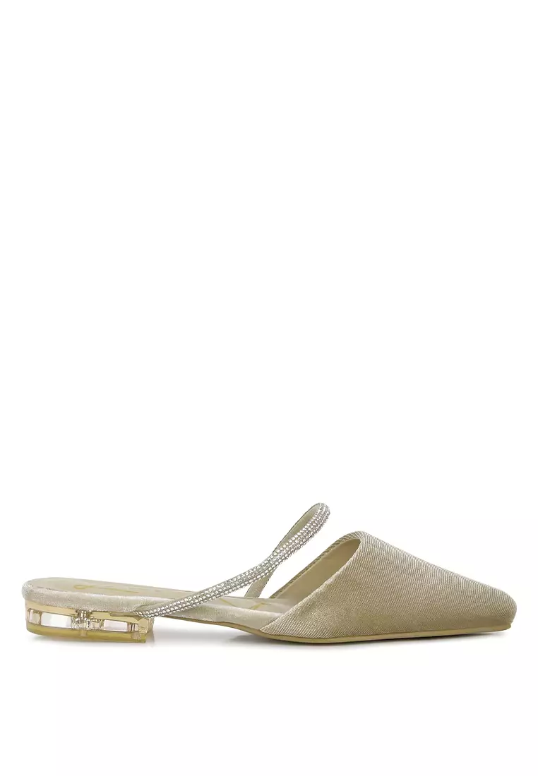 Discount on London Rag  shoes - SKU: Khaki Velvet Diamante Detail Flat Mules