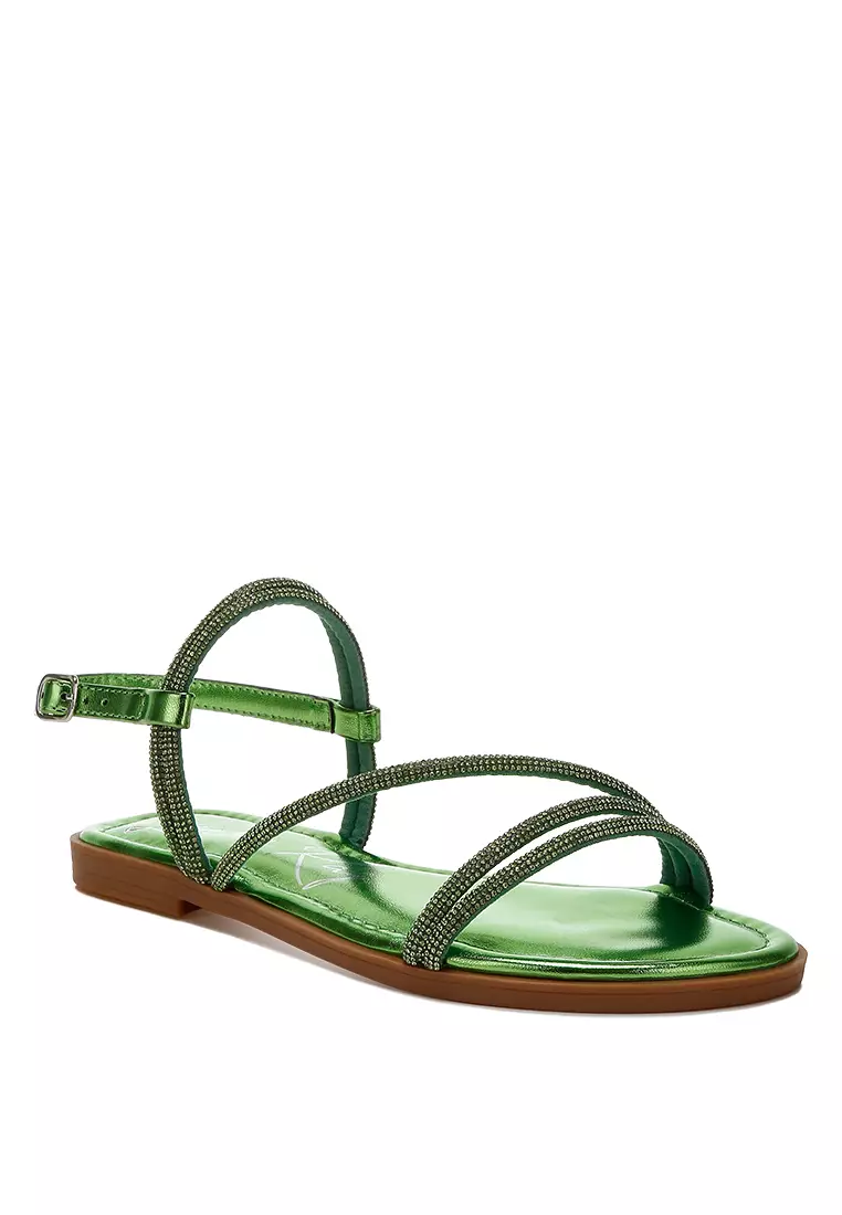 Rhinestone Strappy Flat Sandals in Green