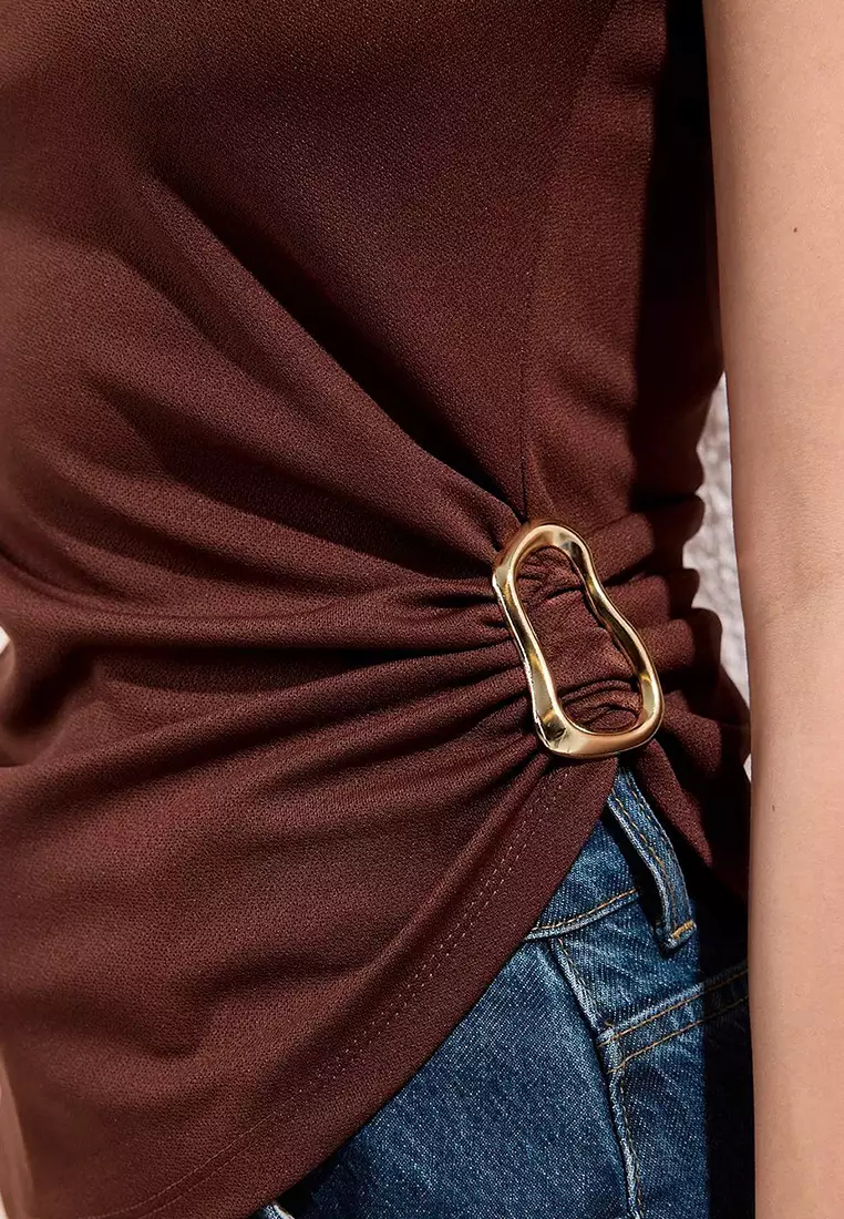 Brown Straight Boat Neck Sleeveless Knitted Scuba Crepe Party Blouse Tprss25Bz00045