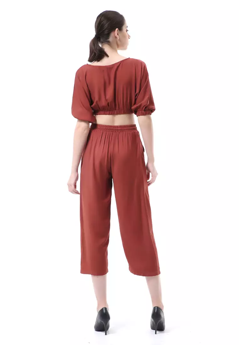 Nayra One Set Setelan Wanita Atasan Crop Lengan 3/4 Celana Kulot Material Rayon ORIGINAL - Terracotta