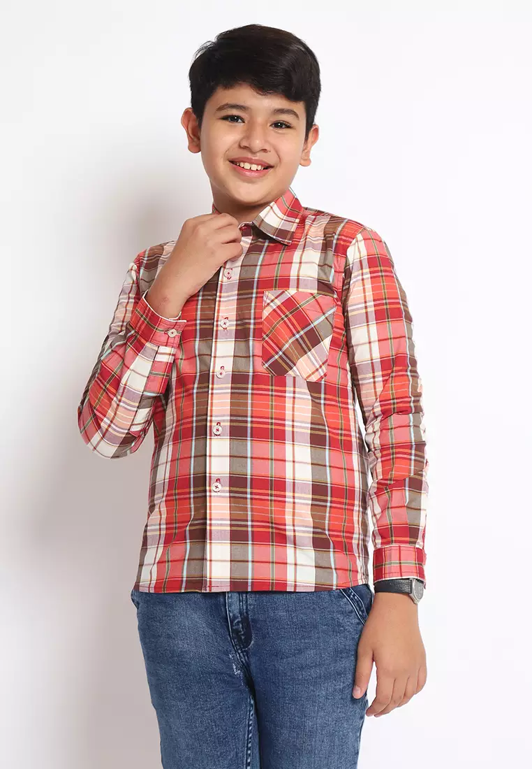 Kemeja Anak Laki Lengan Panjang Kotak Red Cream - BRIGHT