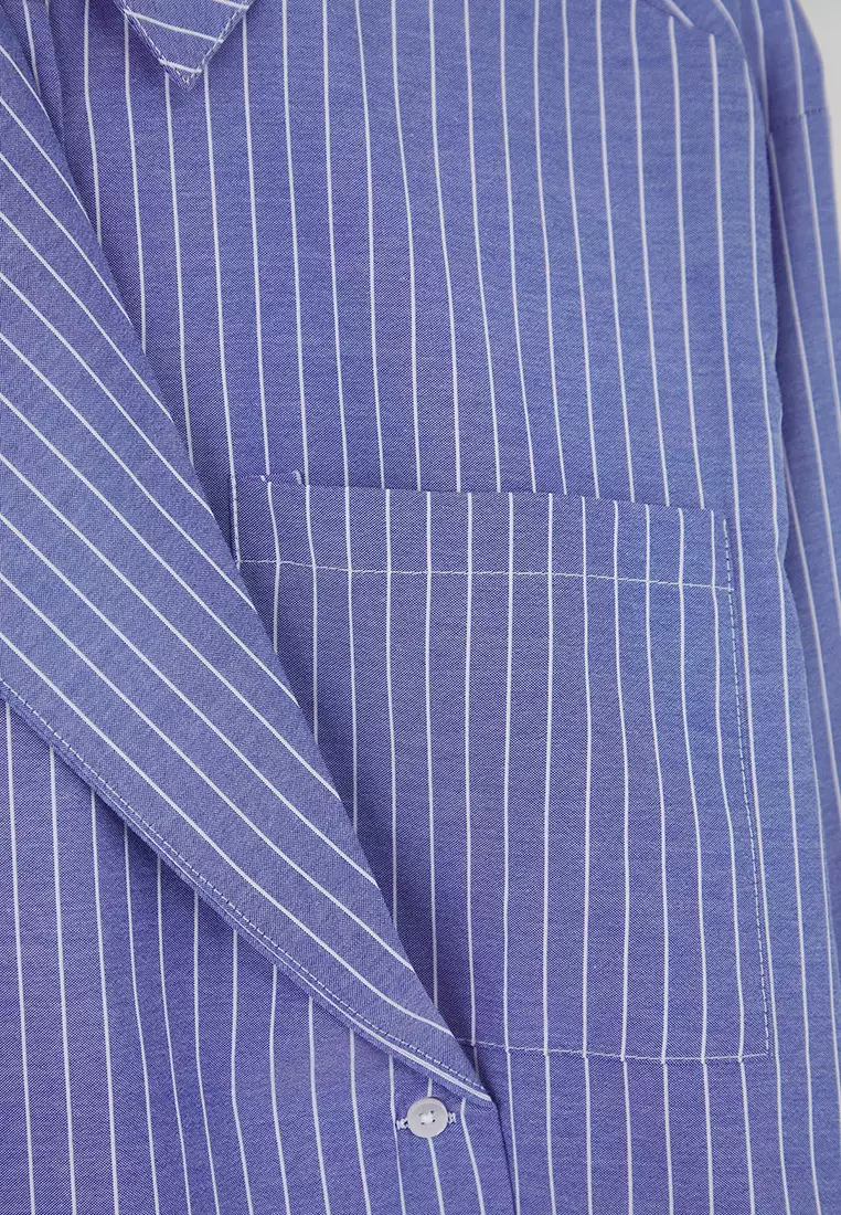 Blue-Multicolored Jacket Collar Oversize Striped Woven Shirt Twoaw26Go00020