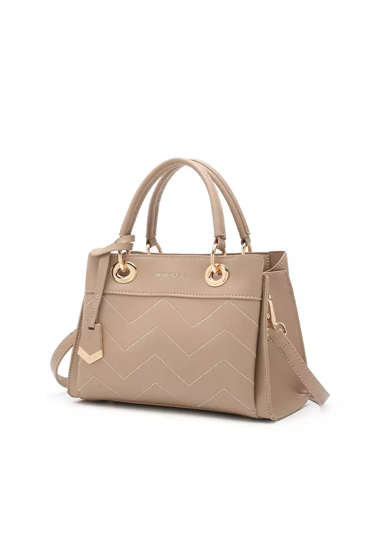 Women's Zig Zag Quilted Top Handle Bag / Crossbody Bag / Shoulder Bag - Beige