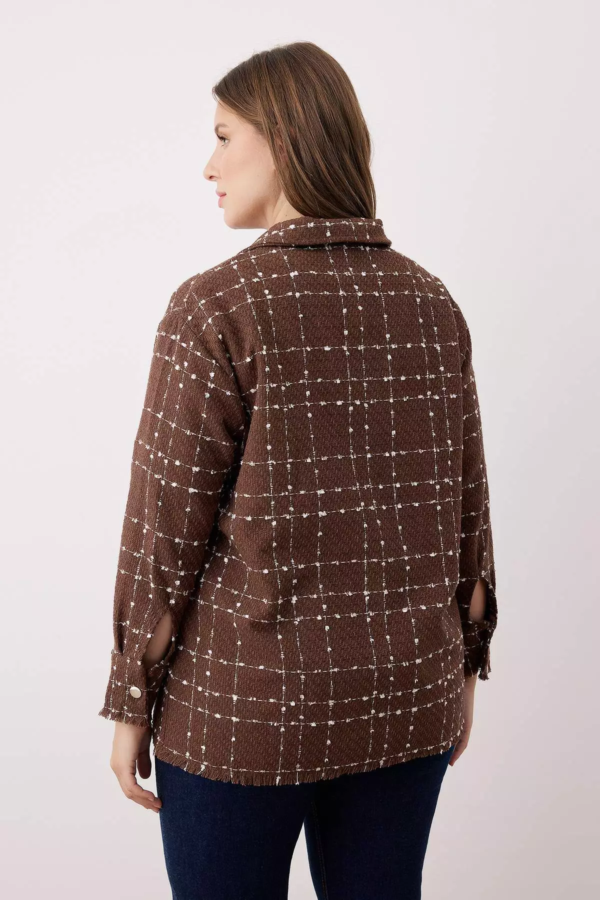 Brown Tweed Long Sleeve Winter Woven Plus Size Shirt/Jacket