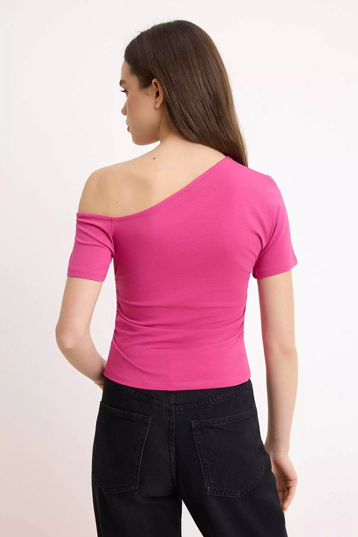 Fuchsia Shirred Asymmetric Neckline Stretchy Knitted Blouse Twoss24Bz73