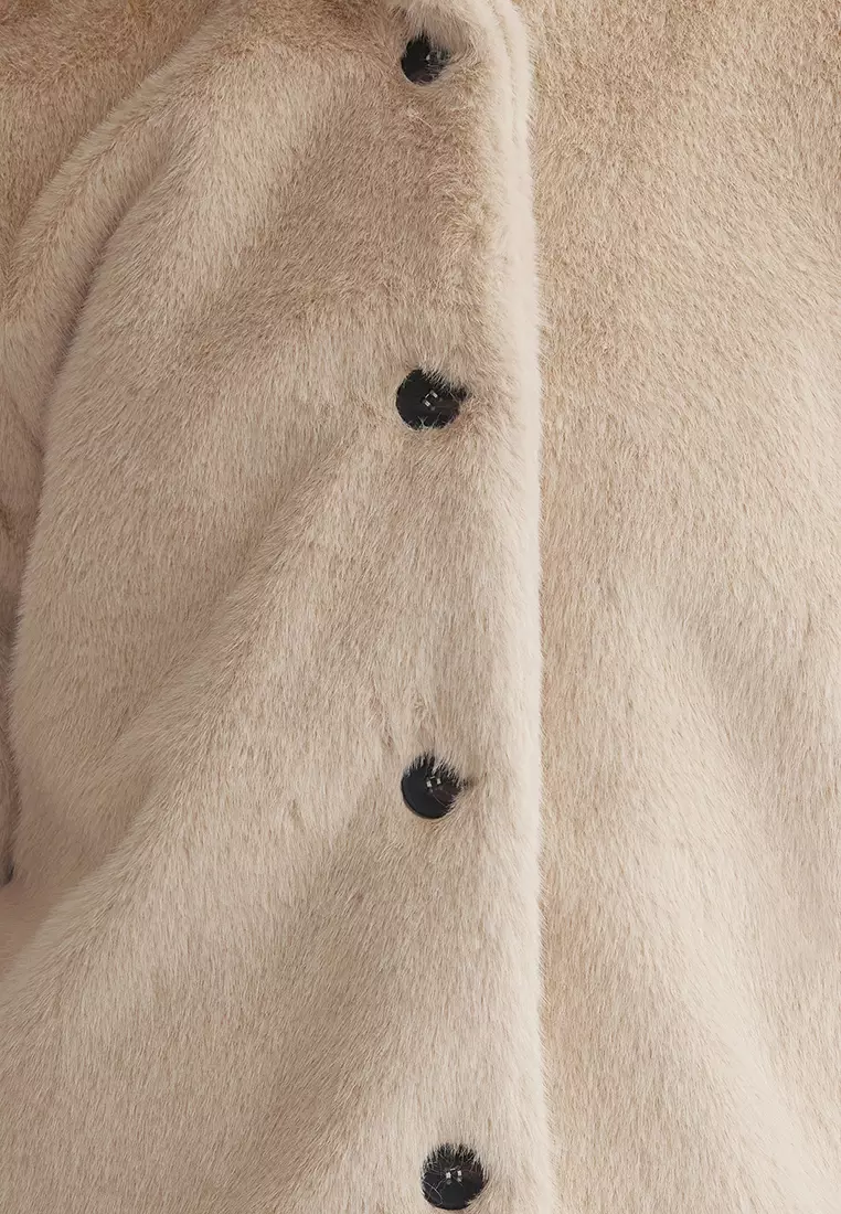 Ecru Regular Fur Jacket Coat TWOSS25MO00033